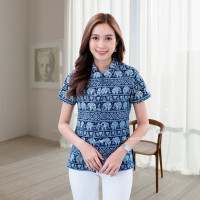 ราคา เสื้อหม้อห้อมคอจีน เข้ารูป พิมพ์ลาย แขนสั้น ผู้หญิง (19595802727)