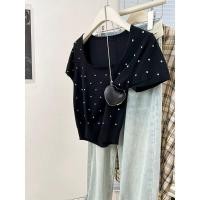 ราคา เสื้อทีเชิ้ตแขนสั้นผ้าถักคอเหลี่ยมไหล่ตรงลายจุดสีดำเสื้อตัวบนแบบสั้นออกแบบพิเศษใส่ช่วงฤดูร้อนสำหรับคนตัวเล็กสำหรับผู้หญิง (21926144530)