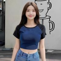 ราคา HallyChic เสื้อเอวลอยแขนสั้นเสื้อยืดคอกลมสีน้ำเงินแฟชั่นเรียบง่ายเสื้อครอป 24070049101 (22304691530)