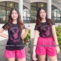 ราคา 645ชุดเซ็ทขาสั้นน่ารัก ลาย PB เสื้อดำ กางเกงชมพู งานผลิตในไทย (22274304368)