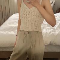 ราคา Gakki เสื้อสายเดี่ยวคอวีลายหยักถักกลวง เสื้อกล้ามไหมพรมผู้หญิงแขนกุด 25105 (21905407306)