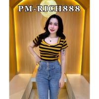 ราคา เสื้อยืดคอเหลี่ยมลายริ้ว เสื้อยืดรัดรูปเข้าทรง เสื้อยืดนมโต (21408716823)