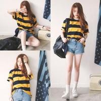 ราคา ราคาถูกที่สุด เสื้อยืดแขนสั้นคอกลม ลายทางเหลืองดำ (14646756043)