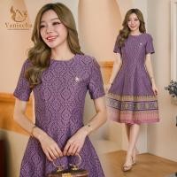 ราคา ชุดเดรส ชุดออกงาน ผ้าฝ้าย ผ้าฝ้ายทอลายไหมอุตรดิตถ์ ชุดไปวัด ทำบุญ สีม่วง ลายไทย (22665170355)