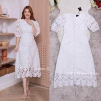 ราคา เข้าเพิ่มเดรสขาวงานบุญ L 5XL Maxi Dress เดรสสีขาวผ้าลูกไม้แต่งกระดุมหน้า งานป้าย DNY (21828576886)