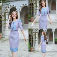 ราคา เดรสผ้าไทยสีฟ้า ผ้าทอลายอัดกาว เดรสสีฟ้าใส่วันปม่ (22407036693)