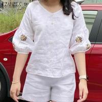 ราคา HijabFab ZANZEA Womens Cotton Linen Sets Lantern Sleeve Embroidery Top Shirt Elastic Waist Short Pants Suit 8 (22228541464)