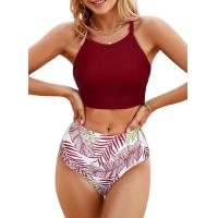 ราคา New Womens Bikini Set High Neck Tropical Leaf Print High Waist Two Piece Swimwear (21481034423)