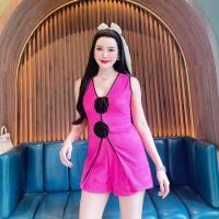 ราคา ชุดเซตผ้าเปลือกไม้ เสื้อทรงยาวแขนกุดแต่งดอกกุหลาบ3Dผ่าหน้า กางเกง ข3ข8 A4713 (22597678837)