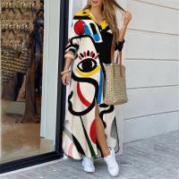 ราคา Fashion Lapel Long Sleeve Shirt Dress Casual Loose Contrast Print Single breasted Maxi Dresses For Women Robe 2023 Vestidos (19672654676)