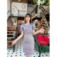 ราคา V12 ชุดเดรสผ้าไทย อัดกาวทั้งชุด ผ้าทอเนื้อไหมแกมฝ้าย สีฟ้าอมเทา แต่งปก แขนกลีบบัว ทรงสวย (21136650572)