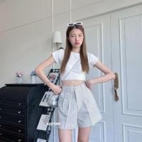 ราคา Acasey กางเกงยีนส์ผู้หญิง ขาสั้น ลายริ้ว เอวสูง จีบหน้า ไม่แถมเข็มขัด ไซส์ S 3XL (22427396945)