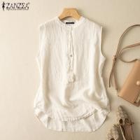 ราคา ZANZEA Womens Vest Casual Summer Round Neck Sleeveless Cotton Linen Solid Blouse Tank 2 (21630679122)