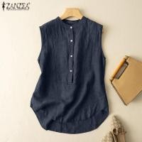ราคา ZANZEA Womens Vest Casual Summer Round Neck Sleeveless Cotton Linen Solid Blouse Tank 2 (21630679138)