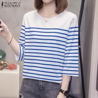 ราคา ZANZEA Korean Style Womens Blouse New Fashion Summer 3 4 Sleeve Round Neck Stripe Knitted Shirts Top 10 (22150632134)