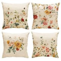 ราคา Flower Pillow Cover Sofa Pillowcase 18X18 Set of 4 Farmhouse Throw Pillow Spring Decorations Floral Cushion Case for Home Decor (18628453139)