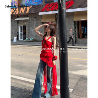 ราคา ชุดเดรสยาวมีสายเอี๊ยมสไตล์ฝรั่งเศสสีแดงเอี๊ยมกระโปรงฤดูร้อน (22122582456)