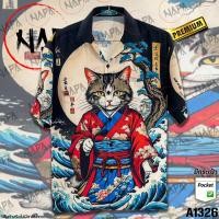 ราคา เสื้อฮาวาย แมวญี่ปุ่นชุดแดงคลื่นพระจันทร์ A1326 ผ้าไหมอิตาลีแท้ (22575599850)