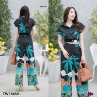ราคา B18450 set 2 ชิ้น เสื้อครอปปกเชิ้ต ลายต้นมะพร้าว กางเกงขาายาวลายต้นมะพร้าว set 2 pieces crop top shirt Coconut tree pattern long pants with coconu (18421745750)