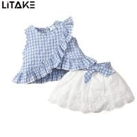 ราคา Girl Infant Round Neck Plaid Dress Sets Toddler Summer Bowknot Embroidered Skirt Casual Ruffle Sleeveless Tops (21859007646)