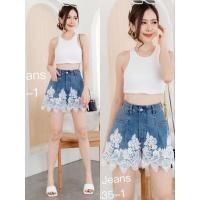 ราคา 5635 1 กางเกงยีนส์แฟชั่นขาสั้นผ้ายืดเอวสูงสียีนส์ฟ้าแต่งลูกไม้ขาวแบบน่ารัก (19467792175)