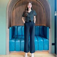 ราคา ชุดเซตยาว เสื้อผ้าแมงโก้ลายริ้วทรงสูทกระดุมหน้า กางเกงผ้าวูลเวฟเอวเรียบมีกระเป๋า (22798663120)