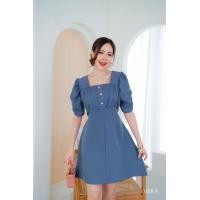 ราคา เดรสคอเหลี่ยมแต่งย่นอก แขนดึงยาง แต่งกระดุมหน้า งานป้าย VERA (15549966698)