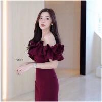 ราคา PP11284 เดรสปาดไหล่ระบายผ่าหน้า (3830446270)