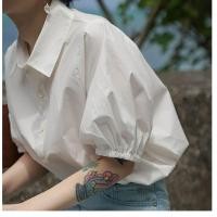 ราคา เสื้อเชิ้ตแขนสั้นผู้หญิงแฟชั่น เสื้อคอปกแขนพองเกาหลีวินเทจ ชุดทำงานมินิมอล สีขาว สีฟ้า POLO shirt สินค้าขายดี พร้อมส่ง DD2802 (19897342776)