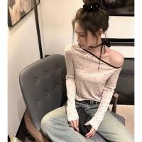 ราคา เสื้อผู้หญิง สีดำ สีขาว ฤดูร้อน สไตล์เกาหลี ลายจุด ปาดไหล่ เสื้อยืดผู้หญิง แขนยาว (22730842845)