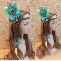 ราคา คาดผมขนนก ที่คาดผม คาดผมโบฮีเมี่ยน Shopmirabell โทนเขียวเหลืองแต่งขนนกยูง พร้อมส่ง (1383336209)