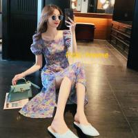 ราคา เดรสราตรีเดรสสีม่วงคอกว้างสวยมาก เดรสเข้ารูปผ้าชีฟองใส่สบายลายดอกไม้ เดรสราคาถูกๆมีปลายทาง (12280395883)