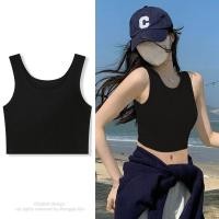 ราคา TrailBlazer เสื้อยืดคอกลมถักสีดำสำหรับผู้หญิงเสื้อครอปสายเดี่ยวแขนกุดสุดเซ็กซี่เสื้อครอปสตรีท (22560710844)