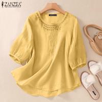 ราคา ZANZEA เสื้อสตรีแขน3 4คอกลมหลวมเสื้อเสื้อปักลายลายดอกไม้ลำลอง 2 (21875695437)