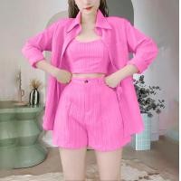 ราคา ชุดเซต3ชิ้นผ้าด๊อบบี้ เสื้อคลุม สายเดี่ยว กางเกง A878 (22698224671)