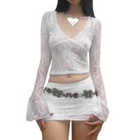 ราคา Local 2 3 days delivery Women Lace Crop Tops Fairy Grunge V Neck See Through Sheer Mesh T Shirt Punk Slim Fit Long Sleeve Shirt (22679221404)