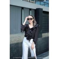 ราคา เสื้อคอวีระบายหน้าเชือกรูดเอว ไฮโซ (21695173535)