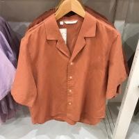 ราคา Uniqlo2023 Summer Uniqlo Cotton Linen Half Open Collar Short Sleeve Shirt Casual Loose Solid Color Cool Top Women 455752 (20201754054)