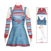 ราคา ชุดคอสเพลย์ Chucky สำหรับเด็กในภาพยนตร์ตุ๊กตาผีถุงเท้ากระโปรงสายเอี๊ยม Chucky 3ชิ้นชุดเต็มชุดฮาโลวีนสยองขวัญโจ๊กเกอร์เครื่องแต่งกายแฟนซีสำหรับผู้หญิง (22326670399)