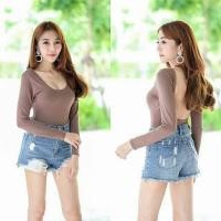 ราคา Body suit เสื้อบอดี้สูทแขนยาวเว้าหลังผ้าเรย่อนรัดรูป (12835129683)