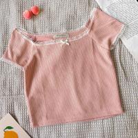 ราคา เสื้อครอปแขนสั้น เสื้อโบว์ เสื้อคอกว้าง เปิดไหล่ แต่งขอบลูกไม้ ใส่ได้ 2 แบบ น่ารักมาก (21957016335)