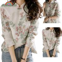 ราคา Womens Vintage Qipao Shirts Traditional Mandarin Collar Long Sleeve Shirts Floral Printed Frog Button Pullover Tops (21829615686)