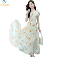 ราคา LeadingStar Fast Delivery Women Summer Short Sleeves Dress Elegant Floral Printing Round Neck Midi Skirt High Waist A line Skirt (20666016592)