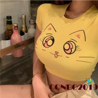 ราคา HGM Women T shirt Short Sleeve Crew Neck Cartoon Cat Print Slim Fit Summer Ladies Crop Top (17241159322)