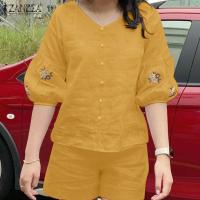 ราคา HijabFab ZANZEA Womens Cotton Linen Sets Lantern Sleeve Embroidery Top Shirt Elastic Waist Short Pants Suit 8 (22228541455)