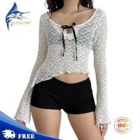 ราคา Womens Lace T shirt Trendy Scoop Neck Long Sleeve See Through Crop Shirts Slim Fit Bow Cut Out Irregular Hem Top (22416608016)