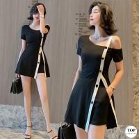 ราคา พร้อมส่งไทย ราคาถูก ชุดเซ็ตสีดำ เสื้อแขนสั้นตัวยาวเปิดไหล่แต่งคาดขาว กางเกงขาสั้นสีดำ (14991549829)