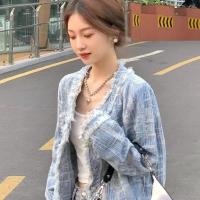 ราคา ali9 เสื้อโค้ทสั้นสไตล์ชาแนลสีฟ้าสำหรับผู้หญิงเสื้อแจ็คเก็ตยีนส์แนววินเทจสไตล์เกาหลีสำหรับนักเรียนหญิงฤดูใบไม้ร่วงแบบใหม่ (22804676247)