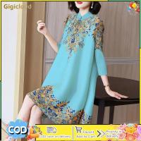 ราคา Womens Vintage Cheongsam Hight Neck Floral Printed 3 4 Sleeves A Line Casual Swing Midi Dress For Party (21718978699)