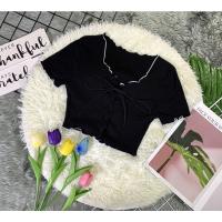 ราคา Lalanta vintage เสื้อครอป แขนสั้น เอวลอย เชือกรูด ผ้าร่อง แต่งขอบหยัก เซ็กซี่ (21847091850)